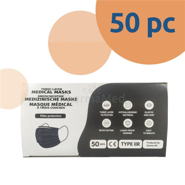 Masques chirurg. noirs Type IIR Adulte (50pc)