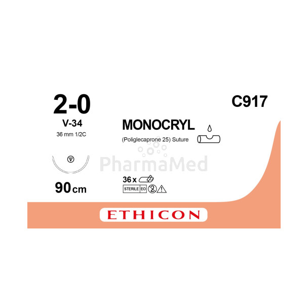 MONOCRYL 2/0 C917 V-34 90cm - 36fils